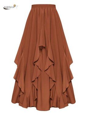 Ruffled Flowy Renaissance Maxi Skirt Double-Layered A-Line with Pockets
